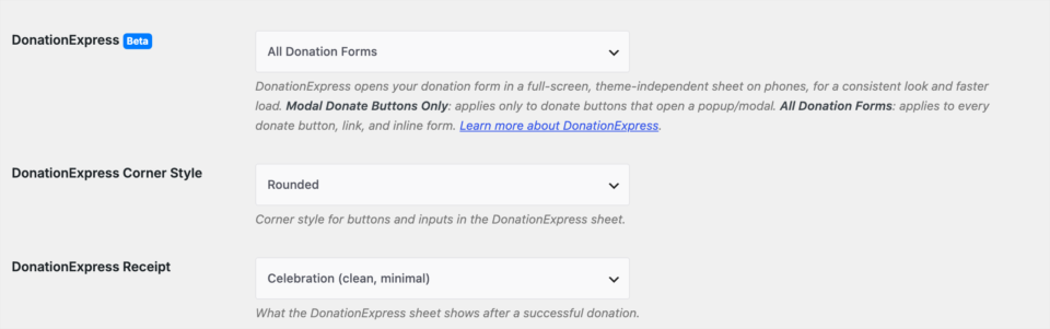 settings-panel | Charitable Les paramètres DonationExpress dans les paramètres du formulaire de don de Charitable, avec les options DonationExpress, Style de coin et Reçu