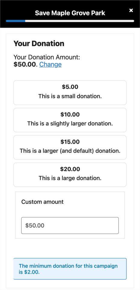 feuille-ouverte-mobile | Charitable La feuille DonationExpress ouverte sur un téléphone, avec le nom de la campagne, la barre de progression et les montants de don suggérés