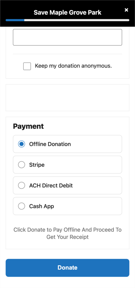 sheet-open-payment-mobile | Charitable Le bas de la feuille DonationExpress sur un téléphone, montrant les options de paiement de don hors ligne, Stripe, prélèvement automatique ACH et Cash App de la campagne au-dessus du bouton Faire un don