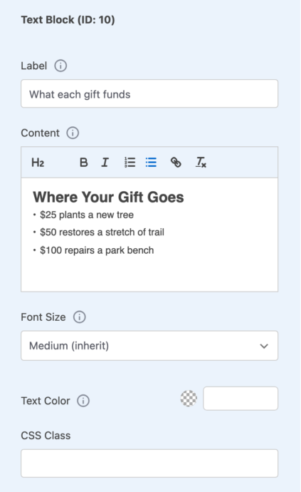 text-block-settings-v2 | Charitable Editor panel for a text block titled 'What each gift funds' featuring a bullet list of donations and formatting controls (font size, color, CSS class).
