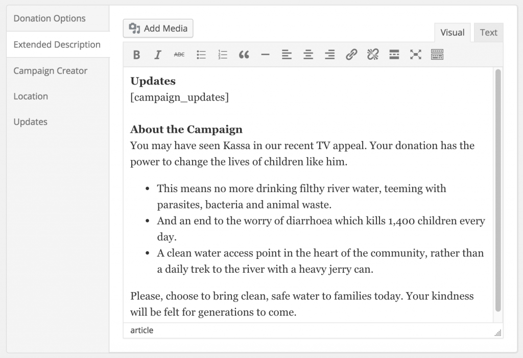 Adding the [campaign_updates] shortcode to the campaign description.