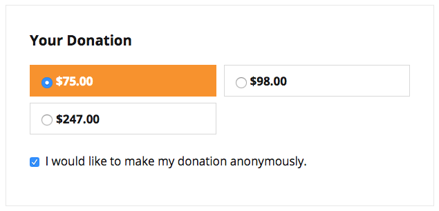 Screenshot showing anonymous donations checkbox in donation form