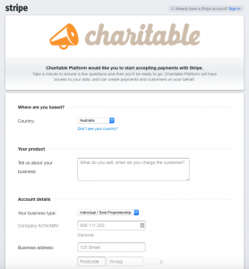 Stripe Connect onboarding example | Charitable An screenshot of what it looks like for campaign creators when registering their Stripe account