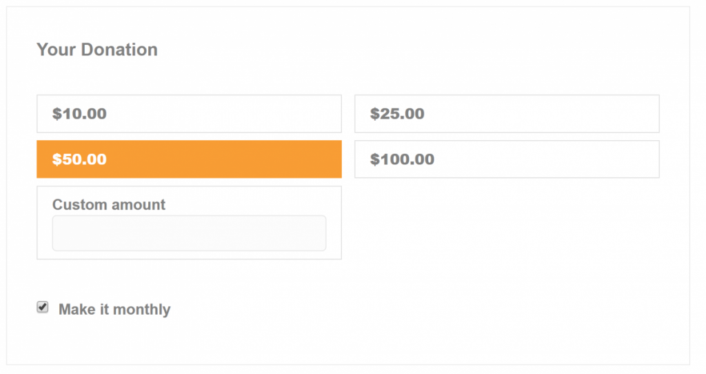 Screenshot of donation form with simple "Make it monthly" option