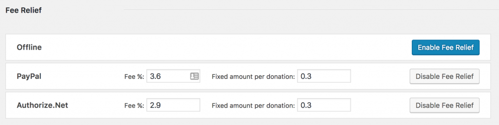 Gateway settings for Fee Relief | Charitable