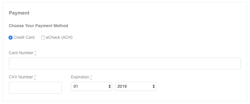 Screenshot of Authorize.Net credit card form in Charitable