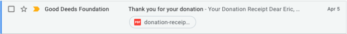 Screenshot of an email inbox showing a donation receipt with a PDF attached