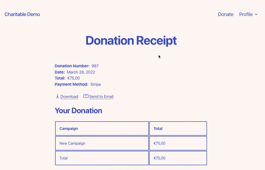 Send receipt to email | Charitable