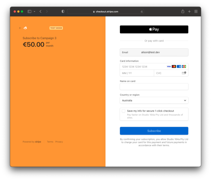 Screenshot of Stripe Checkout